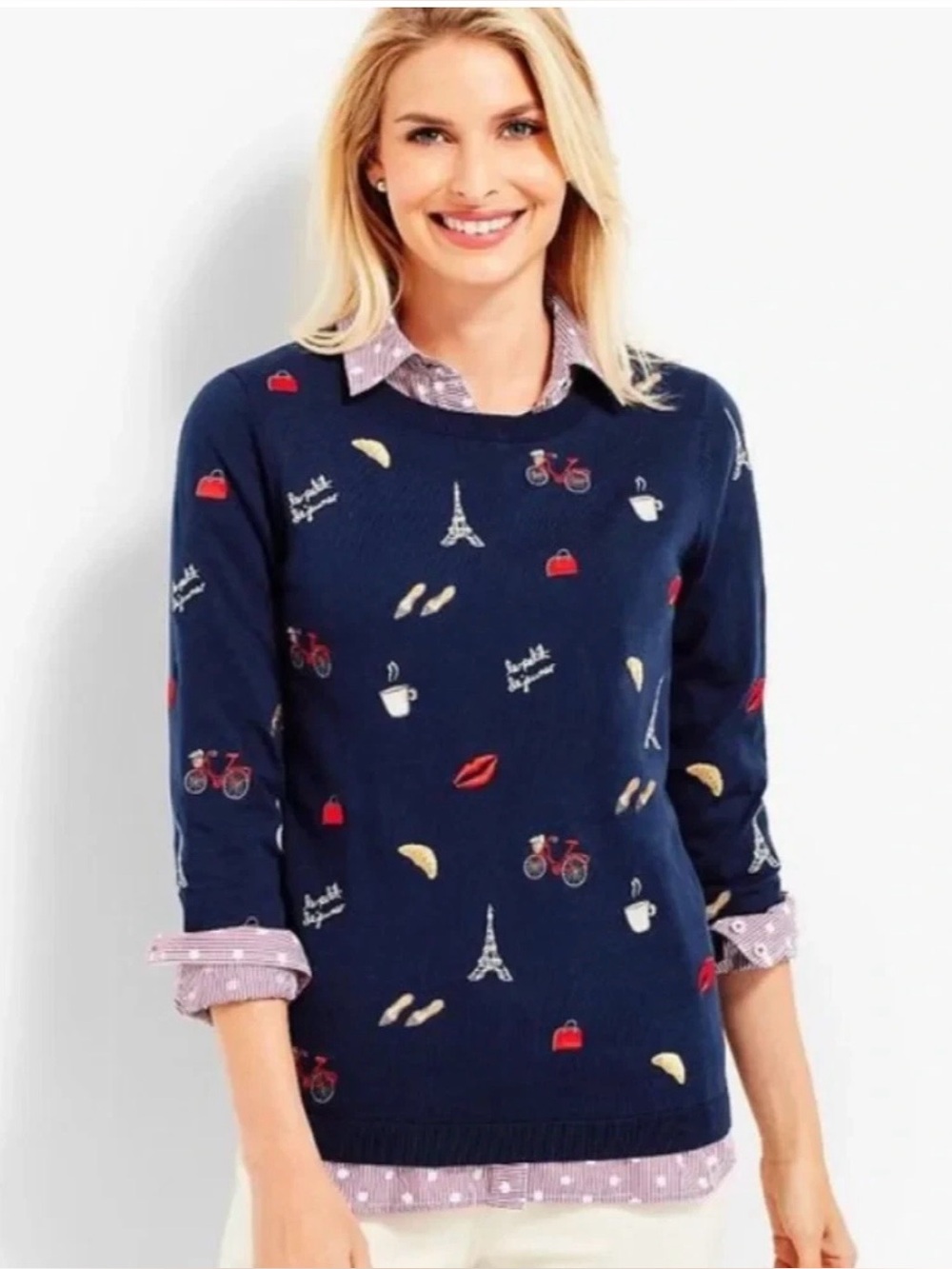 Talbots Petites Navy Paris Motif Long-Sleeve Sweater Top